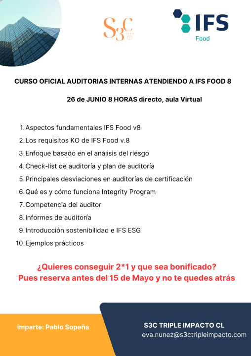 CURSO OFICIAL AUDITORIAS INTERNAS ATENDIENDO A IFS FOOD 8 (Fecha: 26.06.2026)